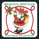 Sticker Carré Western Christmas Cowboy Père Noël personnalisable<br><div class="desc">Stickers Père Noël Cowboy de Noël occidental avec bordure en corde Changer le texte en votre nom ou nom d'entreprise</div>