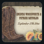 Sticker Carré Western Cowboy Boots Sunflower Wedding Favoriser<br><div class="desc">Stickers Western Cowboy Boots Sunflower Wedding Favor - Design dispose d'un arrière - plan en bois de grange avec vieux papier vintage,  bottes de cowboy et tournesol. Voir la collection de correspondances complète dans cette conception ci-dessous.</div>