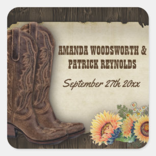 Sticker Carré Western Cowboy Boots Sunflower Wedding Favoriser