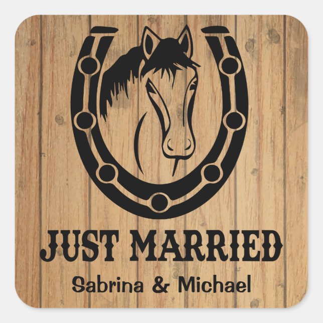 Sticker Carré Western Just Married Horse Pays Mariage en bois (Devant)