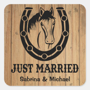 Sticker Carré Western Just Married Horse Pays Mariage en bois