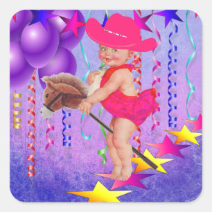 Sticker Carré Western Party Baby Cowgirl sur Stick Horse