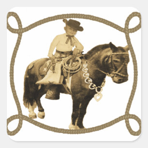 Sticker Carré Western Vintage Cowboy Sur Cheval