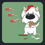 Sticker Carré Westie Christmas - Ho Ho Ho ? ? ?<br><div class="desc">Westie essaie de s'en sortir en mangeant tous les biscuits Père Noël. West Highland White Terrier porte un chapeau de Père Noël,  avec un homme en pain d'épice dans sa bouche et la légende dit : "Ho...  Ho...  Ho ? ? ? ?"</div>