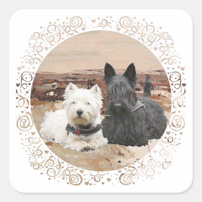 Sticker Carré Westie et Scottie ensemble automne (Devant)