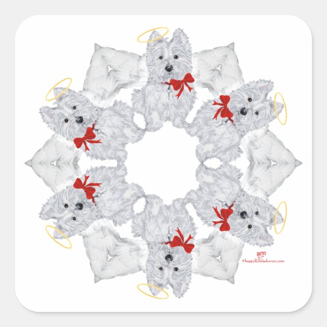 Sticker Carré Westie Flocon de Neige Ange (Devant)