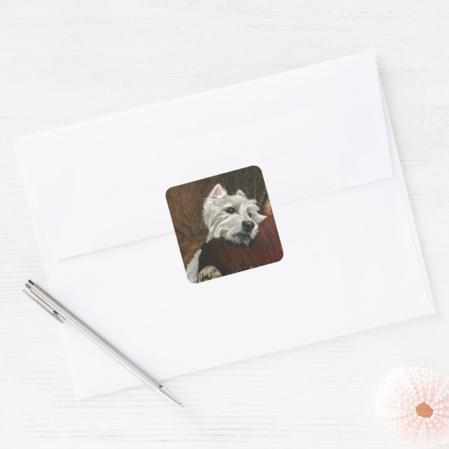 Sticker Carré Westie sur canapé (Enveloppe)