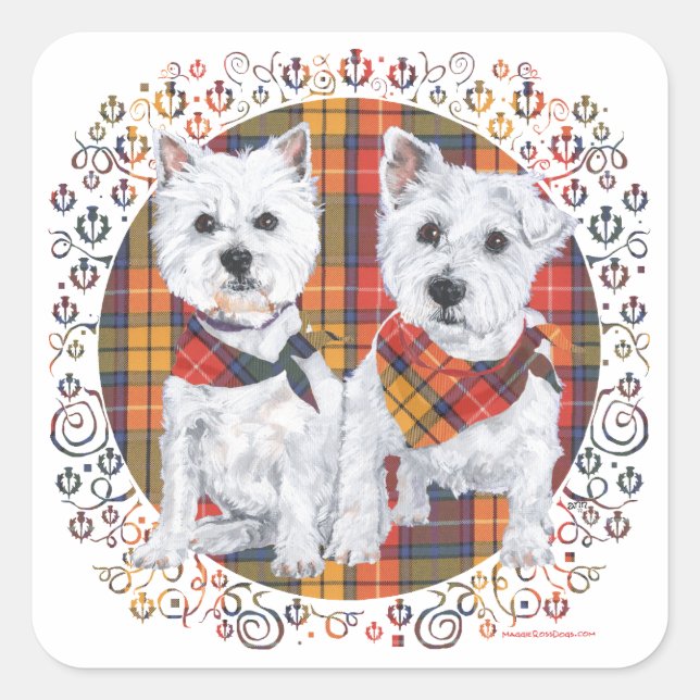 Sticker Carré Westies sur Tartan (Devant)