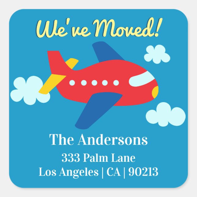 Sticker Carré We've Moved, Red Cartoon Plane, Return Address (Devant)