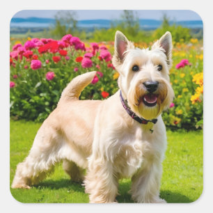 Sticker Carré Wheaten Scottish Terrier jouant dans Flowers Grass