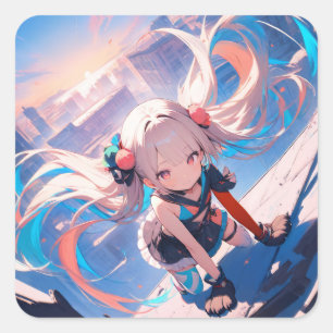 Sticker Carré Whimsical Anime Girl in Motion