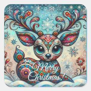 Sticker Carré Whimsical Big Eyes Christmas Reindeer Folk Art