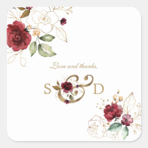 Sticker Carré Whimsical Bourgogne Gold Flowers Monogramme Mariag