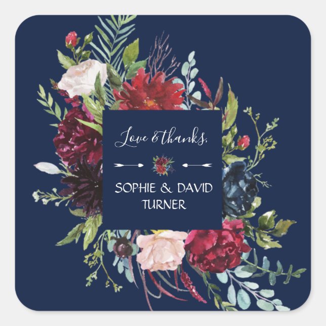 Sticker Carré Whimsical Burgundy Blush Flowers Mariage bleu mari (Devant)
