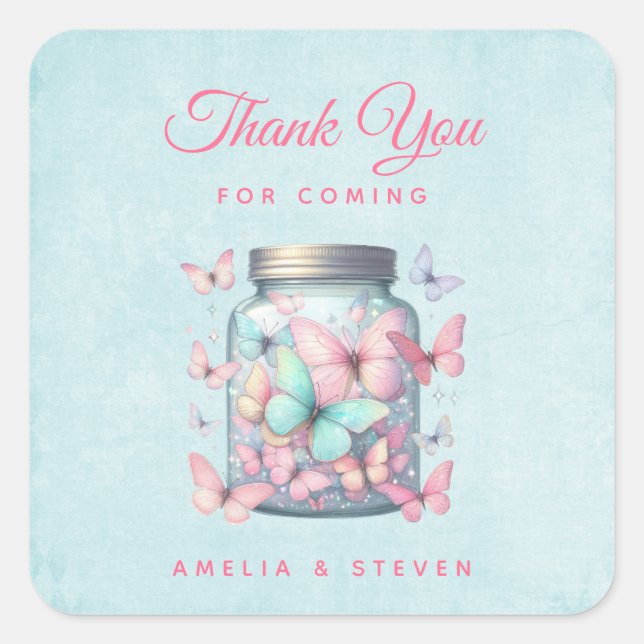 Sticker Carré Whimsical Butterflies in a Jar Wedding Thank You (Devant)