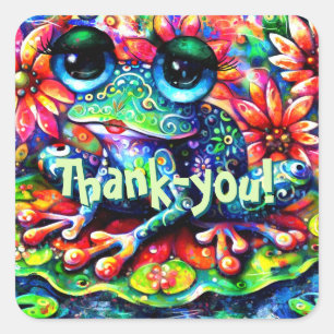 Sticker Carré Whimsical Colorful Floral I Love Frogs