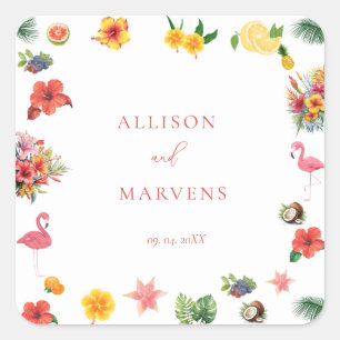 Sticker Carré Whimsical Colorful Fun Tropical Flamingle Mariage