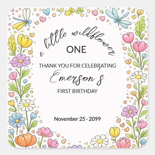 Sticker Carré Whimsical Colorful Little Wildflower 1st Birthday  (Devant)