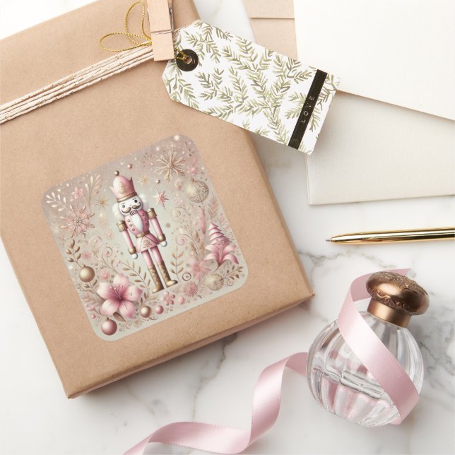Sticker Carré Whimsical Elegant Pink and Gold Pastel Nutcracker  (Cadeaux)