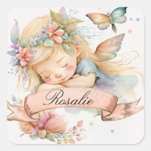Sticker Carré Whimsical Floral Sweet Dreams Sleeping Fairy Girl