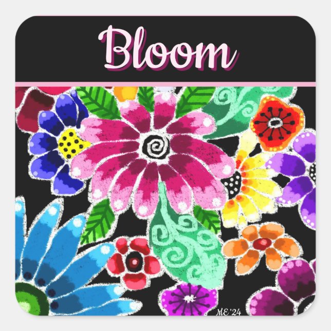 Sticker Carré Whimsical Folk-Art Flowers Floral Personalized (Devant)