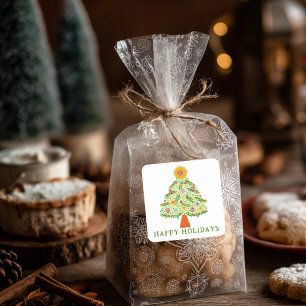 Sticker Carré Whimsical Folk Noël Arbre cadeau PERSONNALISÉ