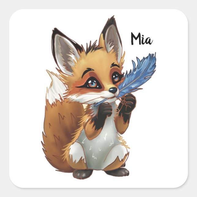 Sticker Carré Whimsical Fox with a Feather (Devant)