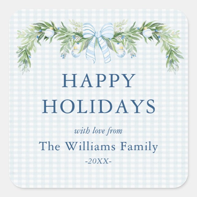 Sticker Carré Whimsical Grandmillenial Gingham Blue Bow Garland  (Devant)