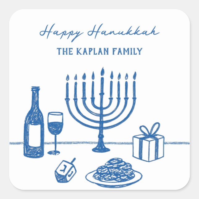 Sticker Carré Whimsical Hand Drawn Hanukkah Party Trendy Custom (Devant)