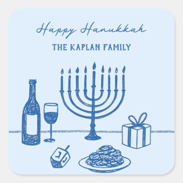 Sticker Carré Whimsical Hand Drawn Hanukkah Party Trendy Custom (Devant)