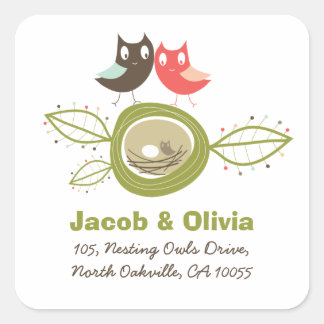 Sticker Carré Whimsical Nesting Owl Adresse du Baby shower de fa