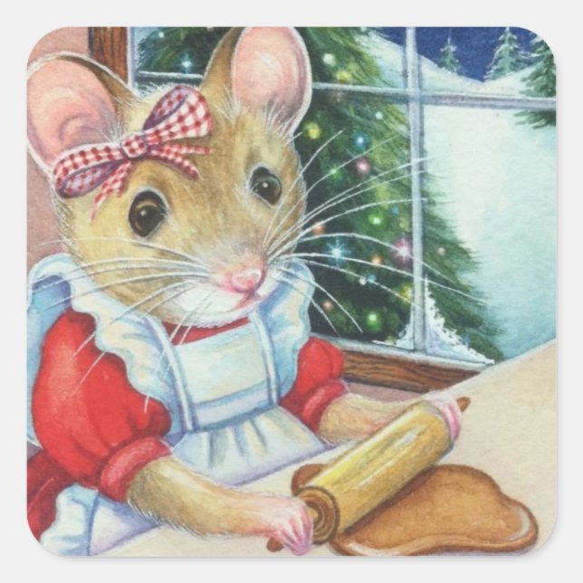 Sticker Carré Whimsical North Pole Gingerbread Baker Mouse Art (Devant)