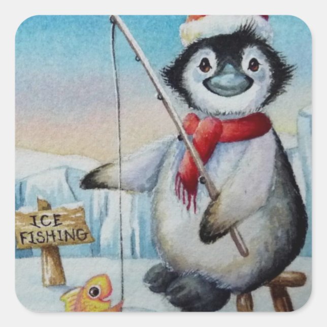 Sticker Carré Whimsical Penguin Ice Fishing Aquarelle Art (Devant)