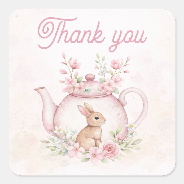 Sticker Carré Whimsical Pink Bunny Teapot Floral Thank you (Devant)