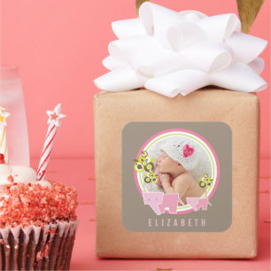 Sticker Carré Whimsical Pink Elephants Famille Bébé Fille Photo