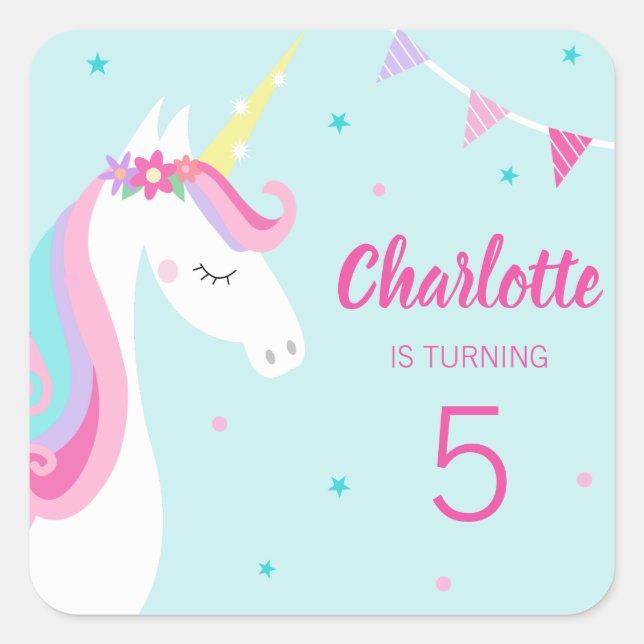 Sticker Carré Whimsical Rainbow Unicorn Aqua 5e anniversaire (Devant)