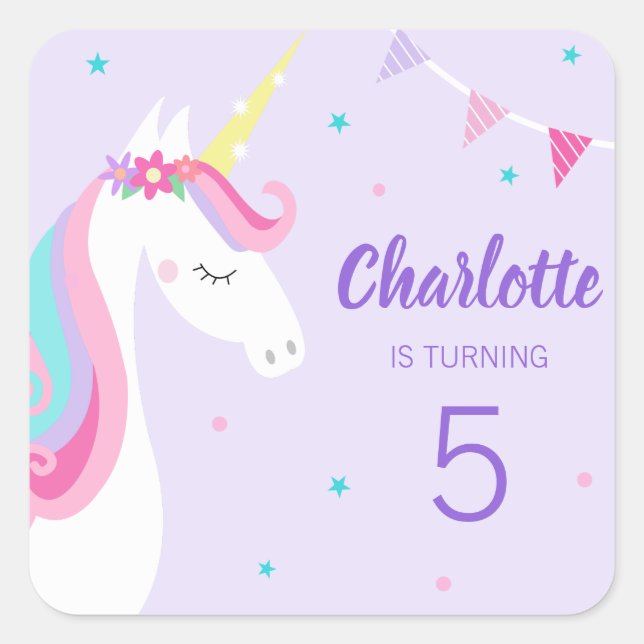 Sticker Carré Whimsical Rainbow Unicorn Purple 5e anniversaire (Devant)