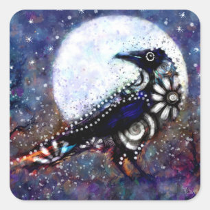 Sticker Carré Whimsical Raven Lune Floral Noir Blanc Bleu