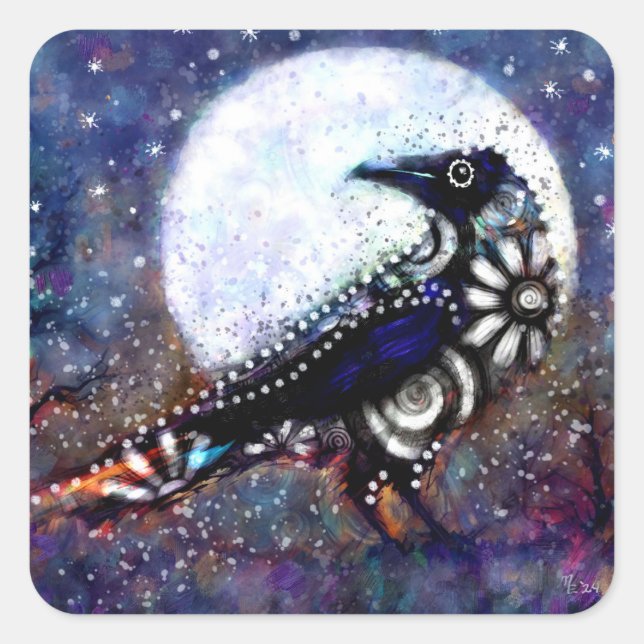 Sticker Carré Whimsical Raven Lune Floral Noir Blanc Bleu (Devant)