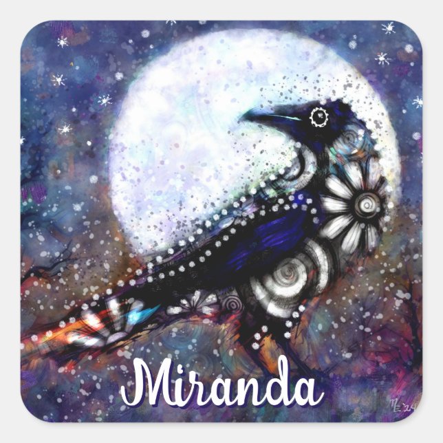 Sticker Carré Whimsical Raven Moon Floral Abstrait Personnalisé (Devant)