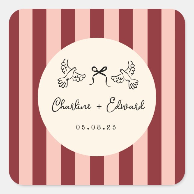 Sticker Carré Whimsical Red and Blush Pink Striped Wedding  (Devant)