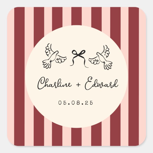 Sticker Carré Whimsical Red and Blush Pink Striped Wedding  (Devant)