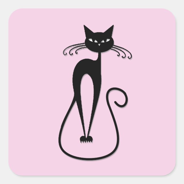 Sticker Carré Whimsical Skinny Chat noir rose (Devant)
