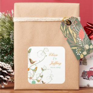 Sticker Carré Whimsical Summer Birds Swirls Chic Garden Wedding