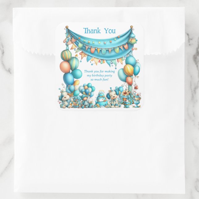 Sticker Carré Whimsical Teal Thank You Birthday  (Sac)
