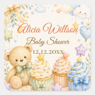 Sticker Carré Whimsical Teddy Bear Baby Shower