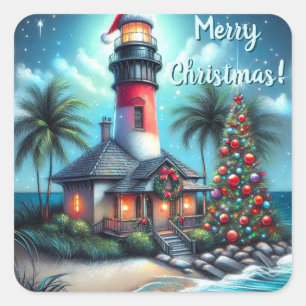 Sticker Carré Whimsical Tropical Christmas Lighthouse Turquoise
