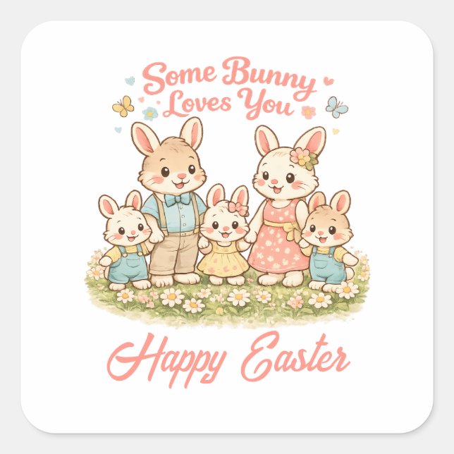 Sticker Carré Whimsical Watercolor Bunny Family Happy Easter (Devant)