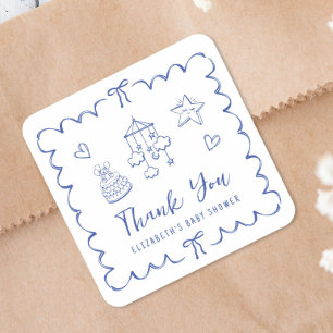 Sticker Carré Whimsical Wavy Frame Baby Boy Shower Merci