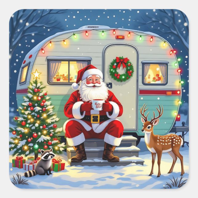 Sticker Carré Whimsical Woodland Christmas and Retro RV Camper (Devant)